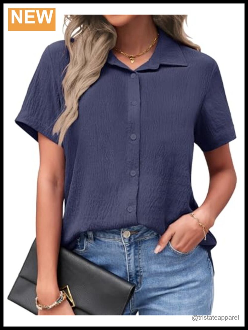 Women's Short Sleeve Button Down Blouse V-Neck Loose Fit Business Casual
